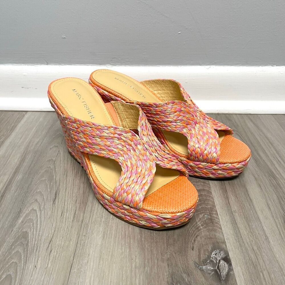 Marc Fisher Wedge Sandals Women’s 8 Kalisha Slip On Woven Raffia Heel Espadrille